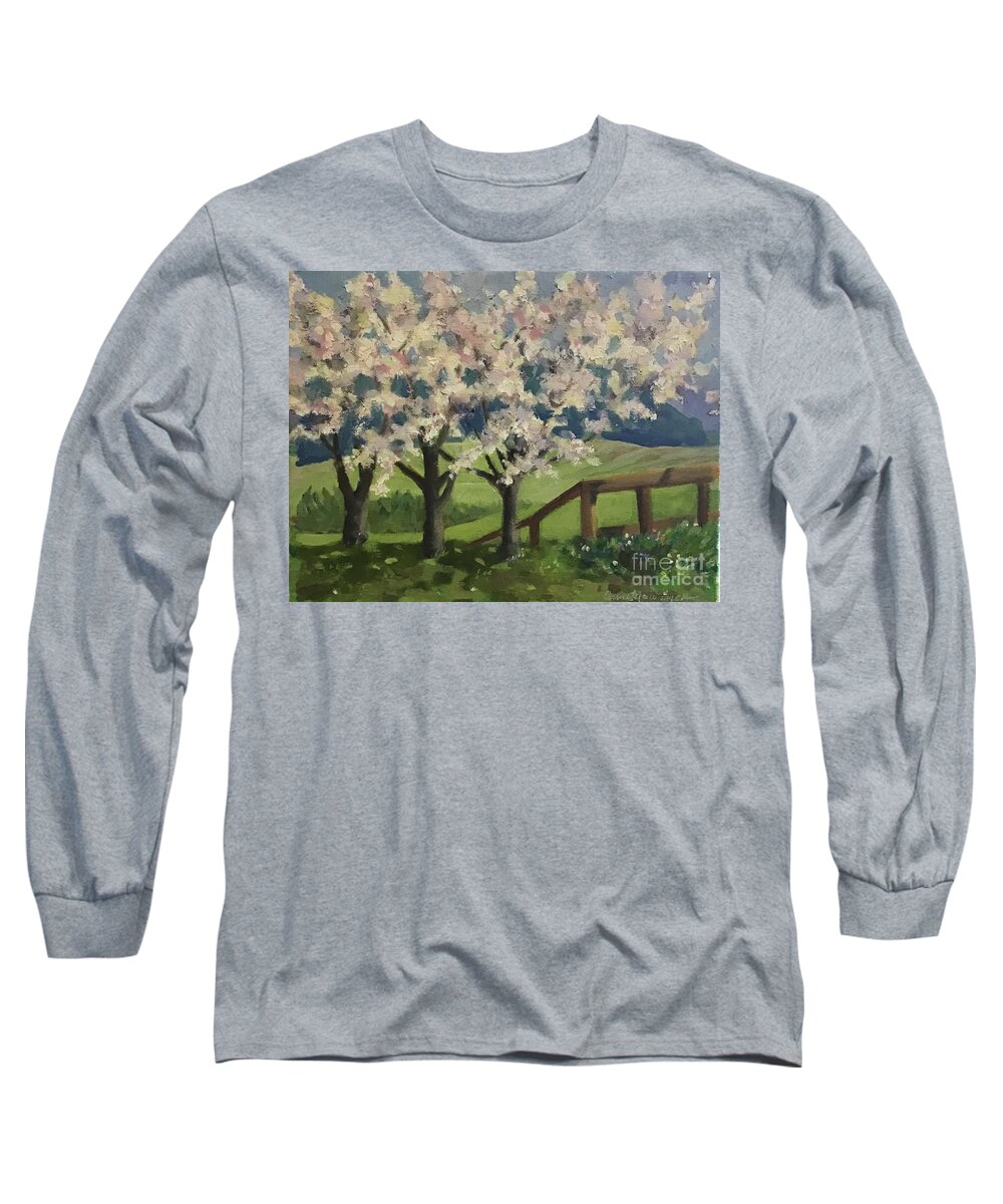Cherry Long Sleeve T-Shirt featuring the painting Cherry Trees by Anne Marie Brown