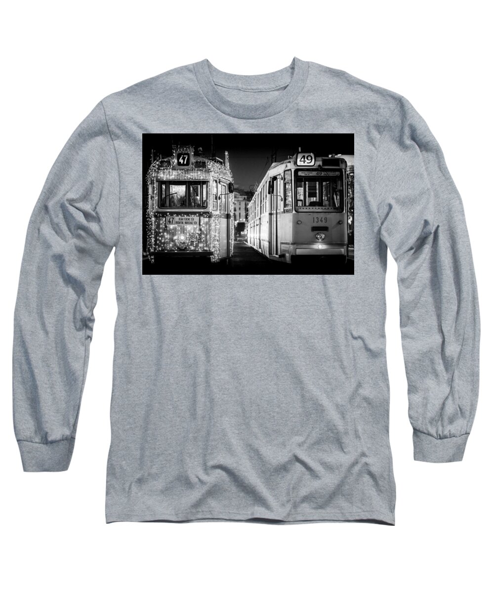 Tram Long Sleeve T-Shirt featuring the photograph Christmas Tram in Budapest by Tito Slack