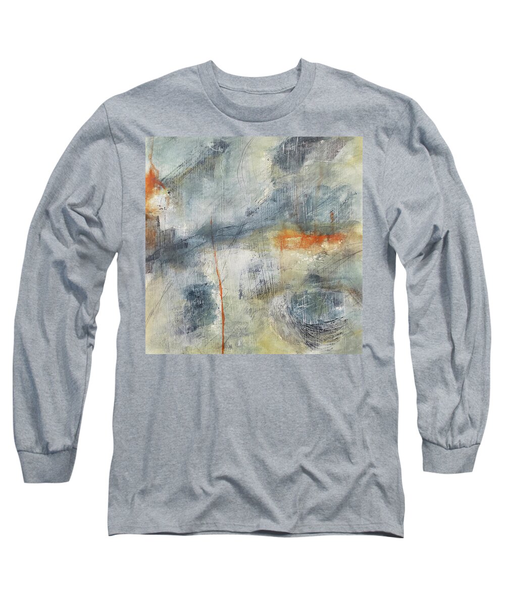Colorful Abstract Long Sleeve T-Shirt featuring the painting CLIMATE CHANGE Abstract Movement in Stone Blue Orange Ochre White by Lynnie Lang