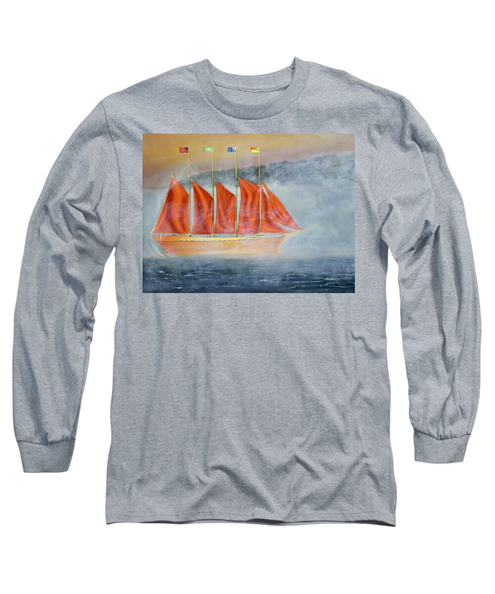 Clipper Ship Sailboat Large Orange Sail Ship Fog Clipper Ship Long Sleeve T-Shirt featuring the painting Clipper Ship in the Mist by Dorsey Northrup