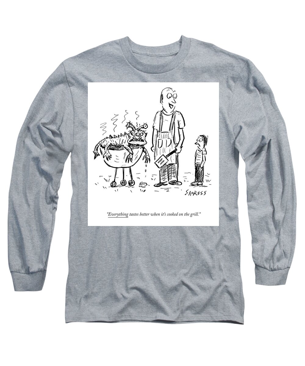 A26591 Long Sleeve T-Shirt featuring the drawing Cooked On a Grill by David Sipress