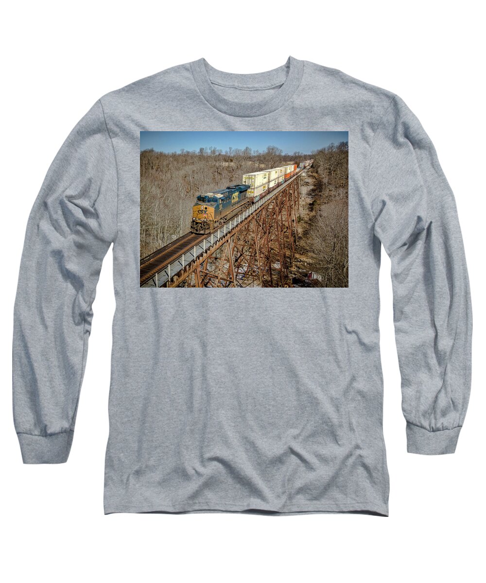 Railroad Long Sleeve T-Shirt featuring the photograph CSX hot intermodal rolls south across Gum Lick Trestle by Jim Pearson