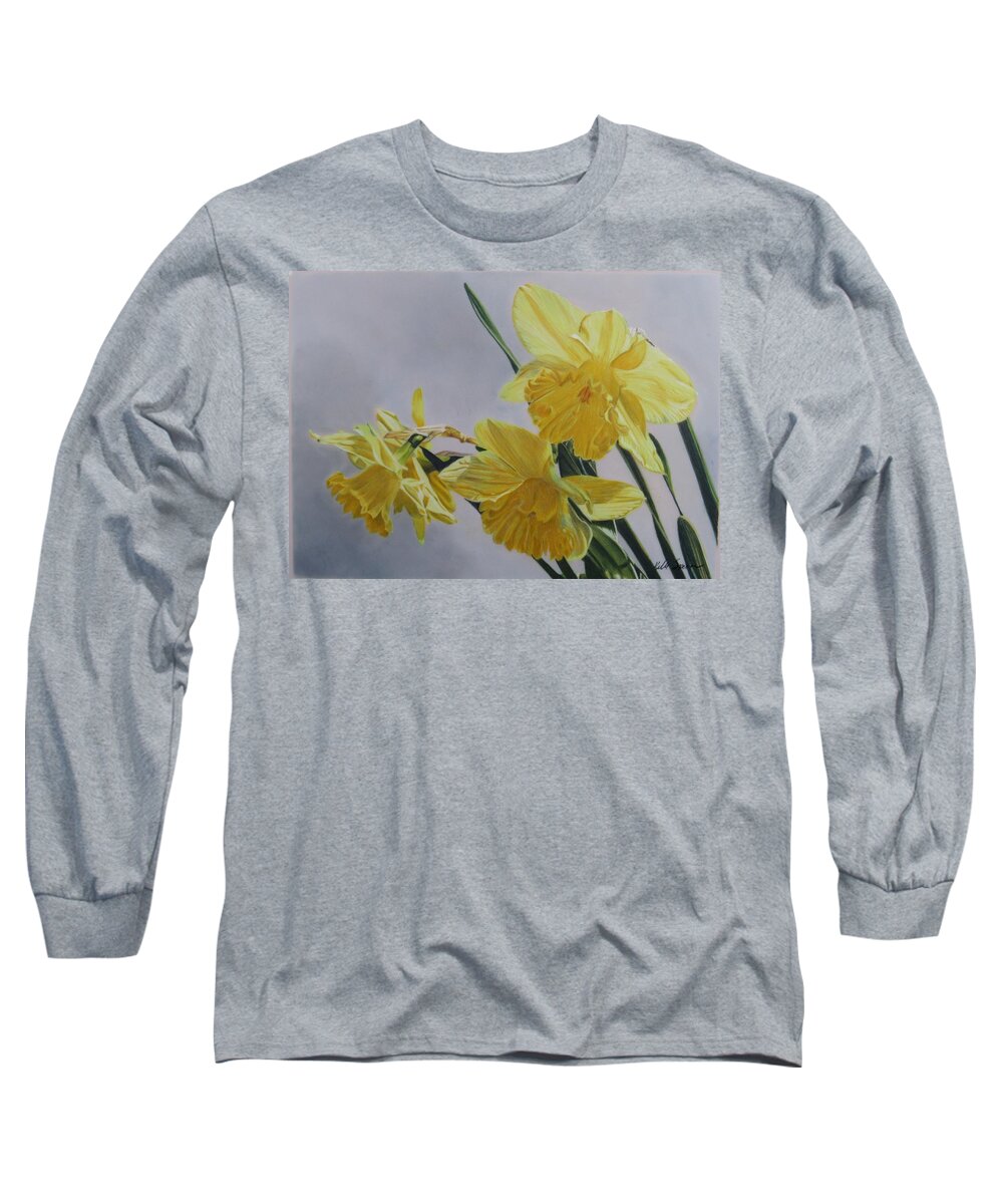 Floral Long Sleeve T-Shirt featuring the drawing Daffodils by Kelly Speros