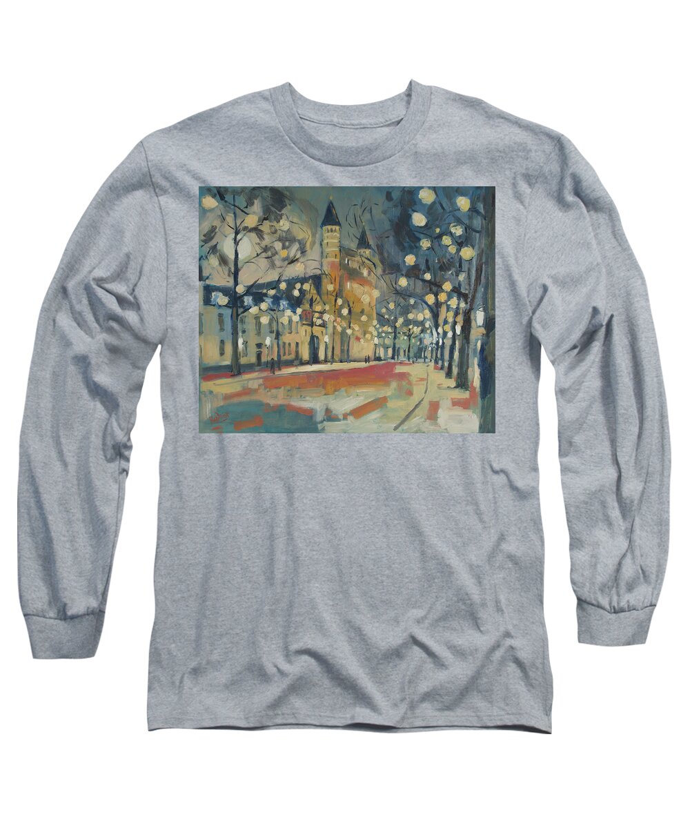 Maastricht Long Sleeve T-Shirt featuring the painting December lights at the Our Lady Square in Maastricht by Nop Briex
