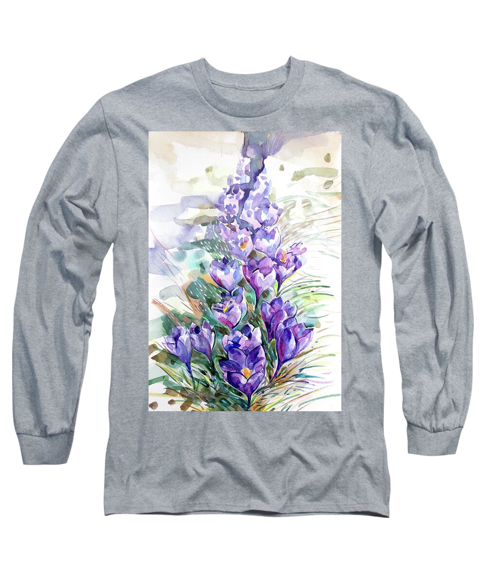 Deep Purple Long Sleeve T-Shirt featuring the painting Deep purple crocuses by Katya Atanasova