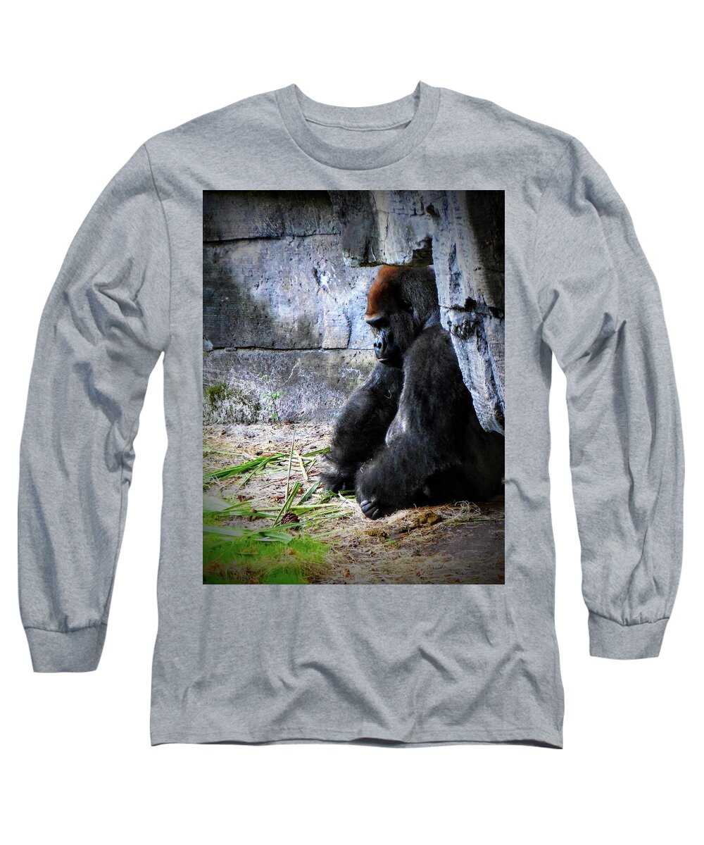 Gorilla Ape Monkey Wild Jungle Animal Disney Long Sleeve T-Shirt featuring the photograph Deep Thoughts by Nora Martinez