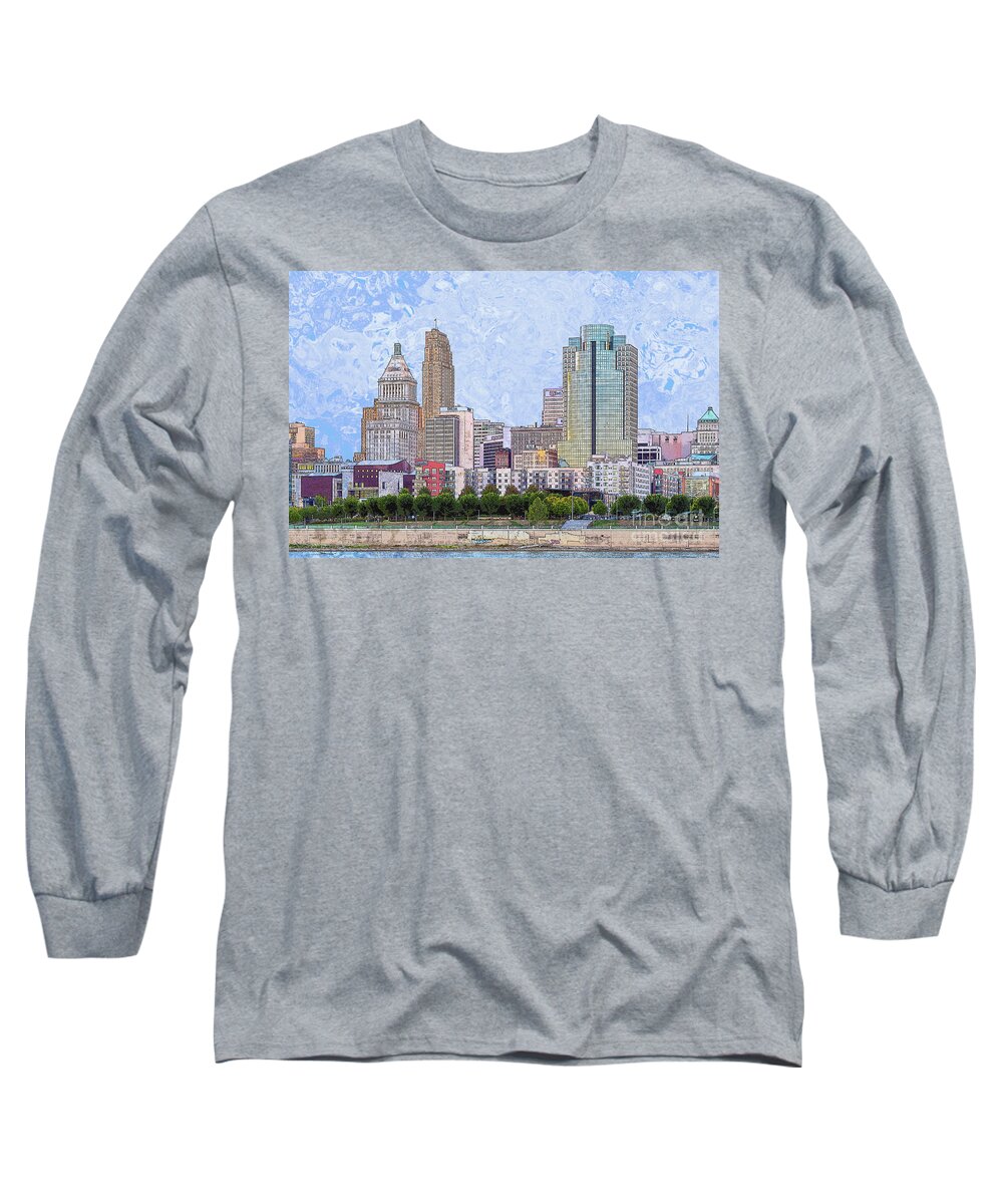 Cincinnati Long Sleeve T-Shirt featuring the digital art Downtown Cincinnati - the Banks by Bentley Davis