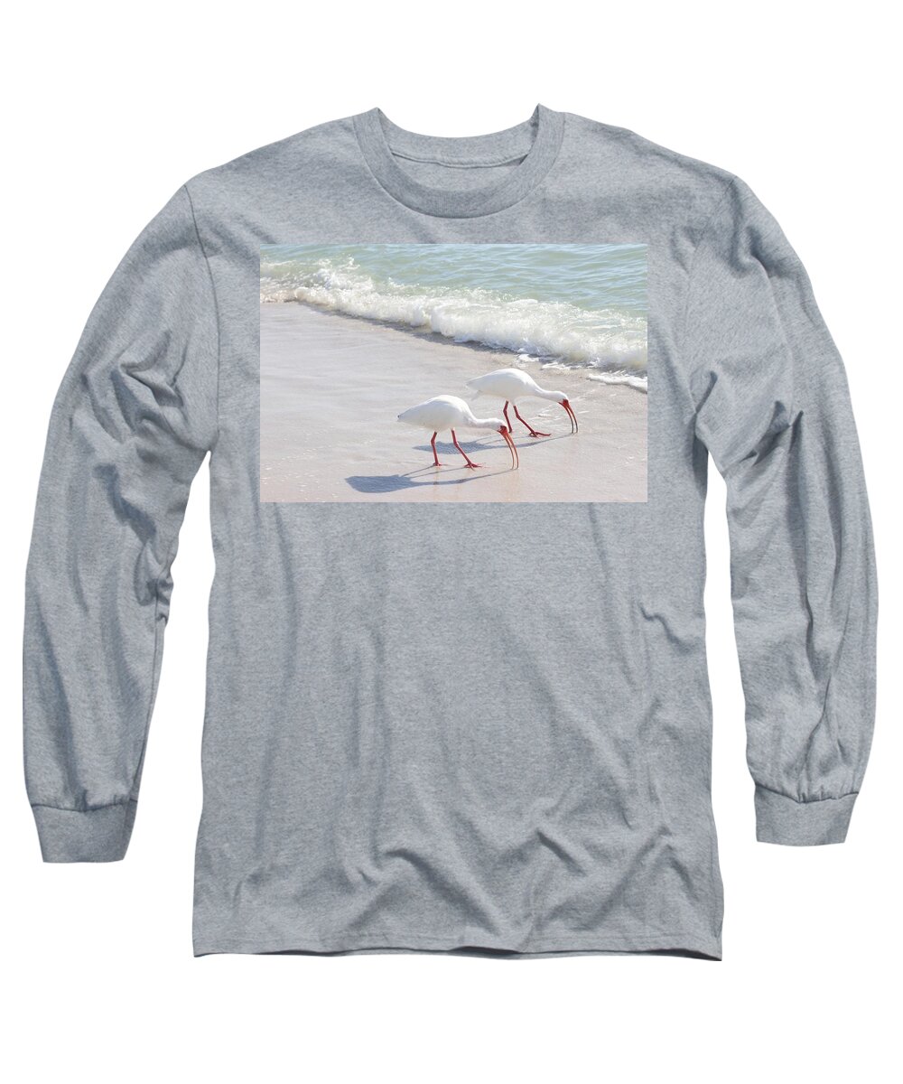 White Ibis Long Sleeve T-Shirt featuring the photograph Elegantly in Synch by Mingming Jiang
