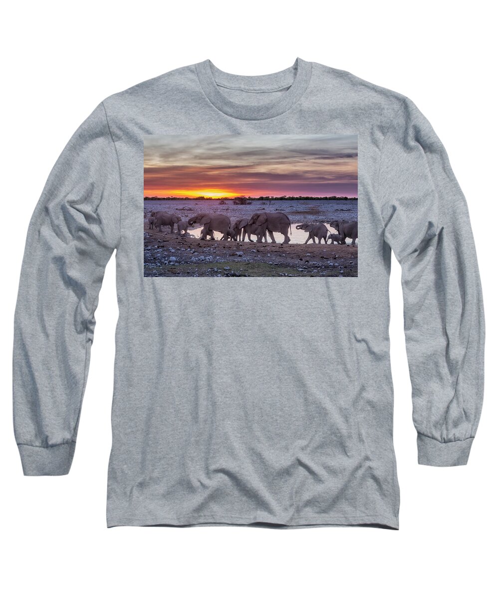 Elephants Long Sleeve T-Shirt featuring the photograph Elephant Herd at Okaukuejo Waterhole at Sunset by Belinda Greb
