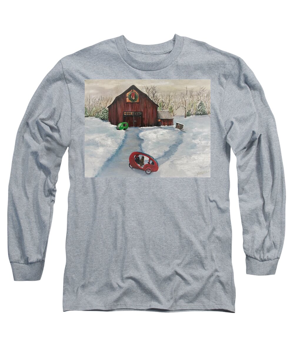 Snow Scene Long Sleeve T-Shirt featuring the painting ELF Holiday Scene 2021 by Deborah Naves