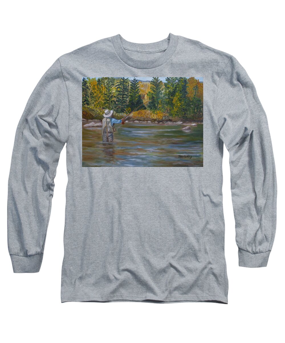 Fishing Long Sleeve T-Shirt featuring the painting Fishing on the River by Julie Brugh Riffey