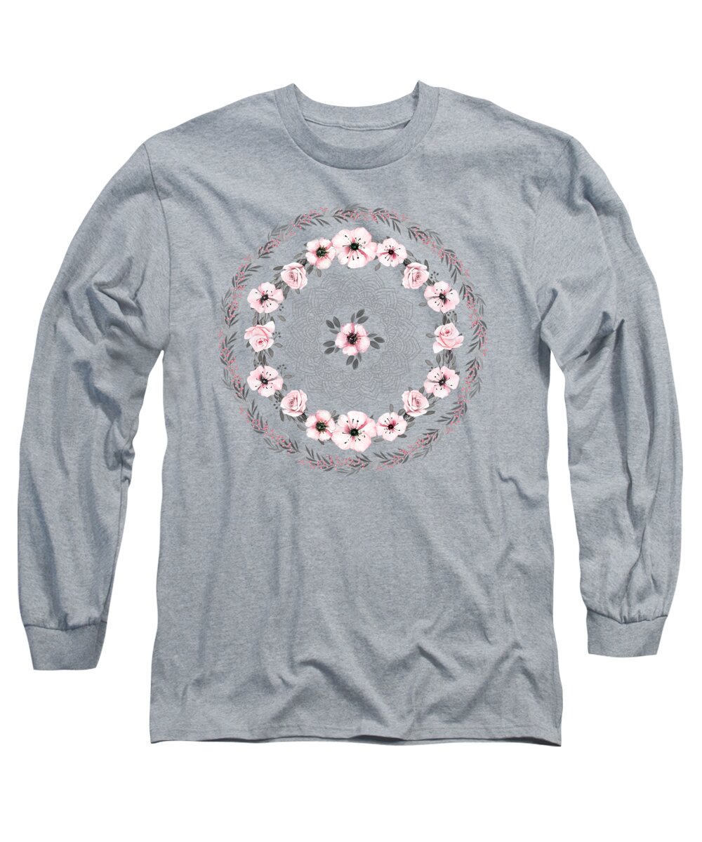 Flowers Long Sleeve T-Shirt featuring the mixed media Flower Mandala in Gray by Tammy Wetzel