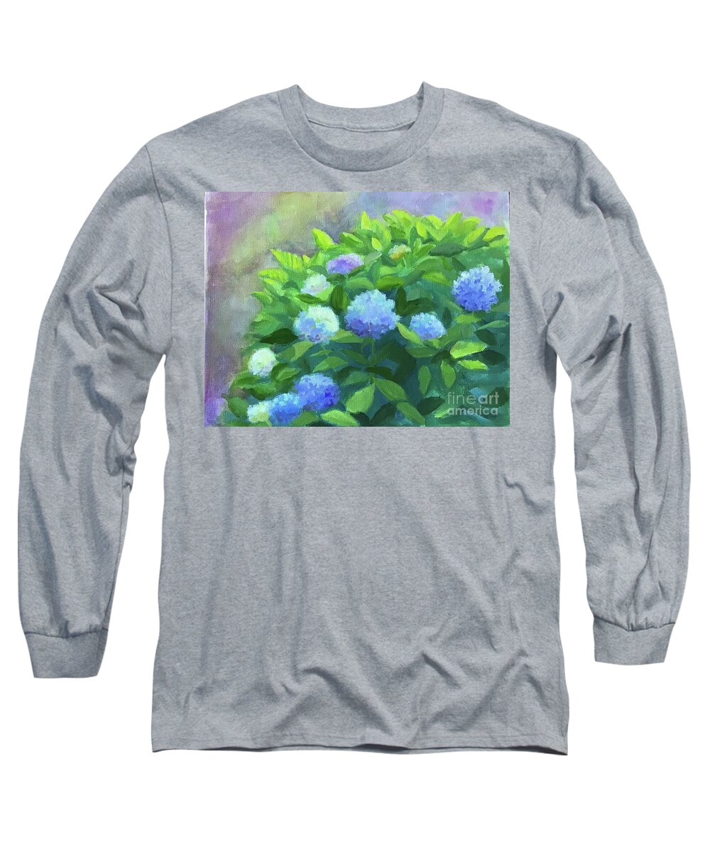Hydrangea Long Sleeve T-Shirt featuring the painting Front Yard Hydrangeas by Anne Marie Brown