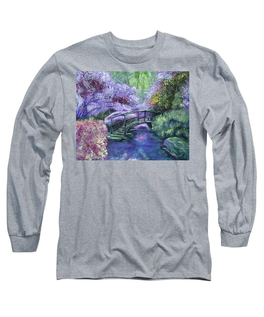 Pond Long Sleeve T-Shirt featuring the painting Garden Pond in Bloom by Mark Ross