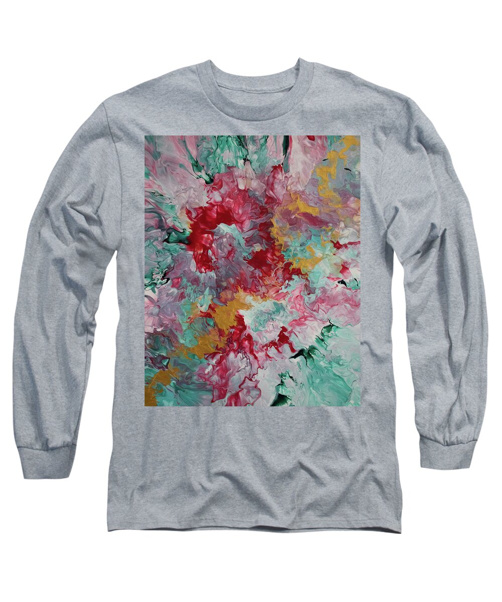 Pour Long Sleeve T-Shirt featuring the mixed media Gold and Rose by Aimee Bruno