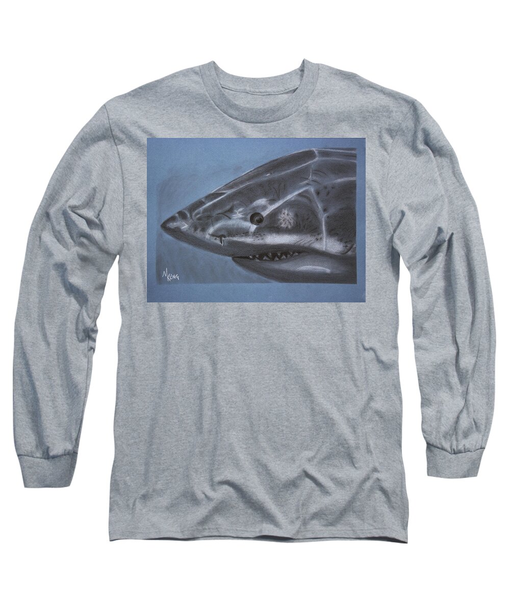 Great White Shark Long Sleeve T-Shirt featuring the drawing Great White by Mike Kling