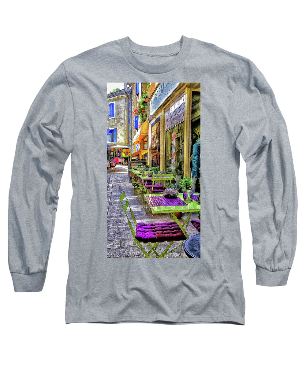 Cafe Long Sleeve T-Shirt featuring the photograph Green and Purple Sidewalk Cafe #2 by Steve Templeton