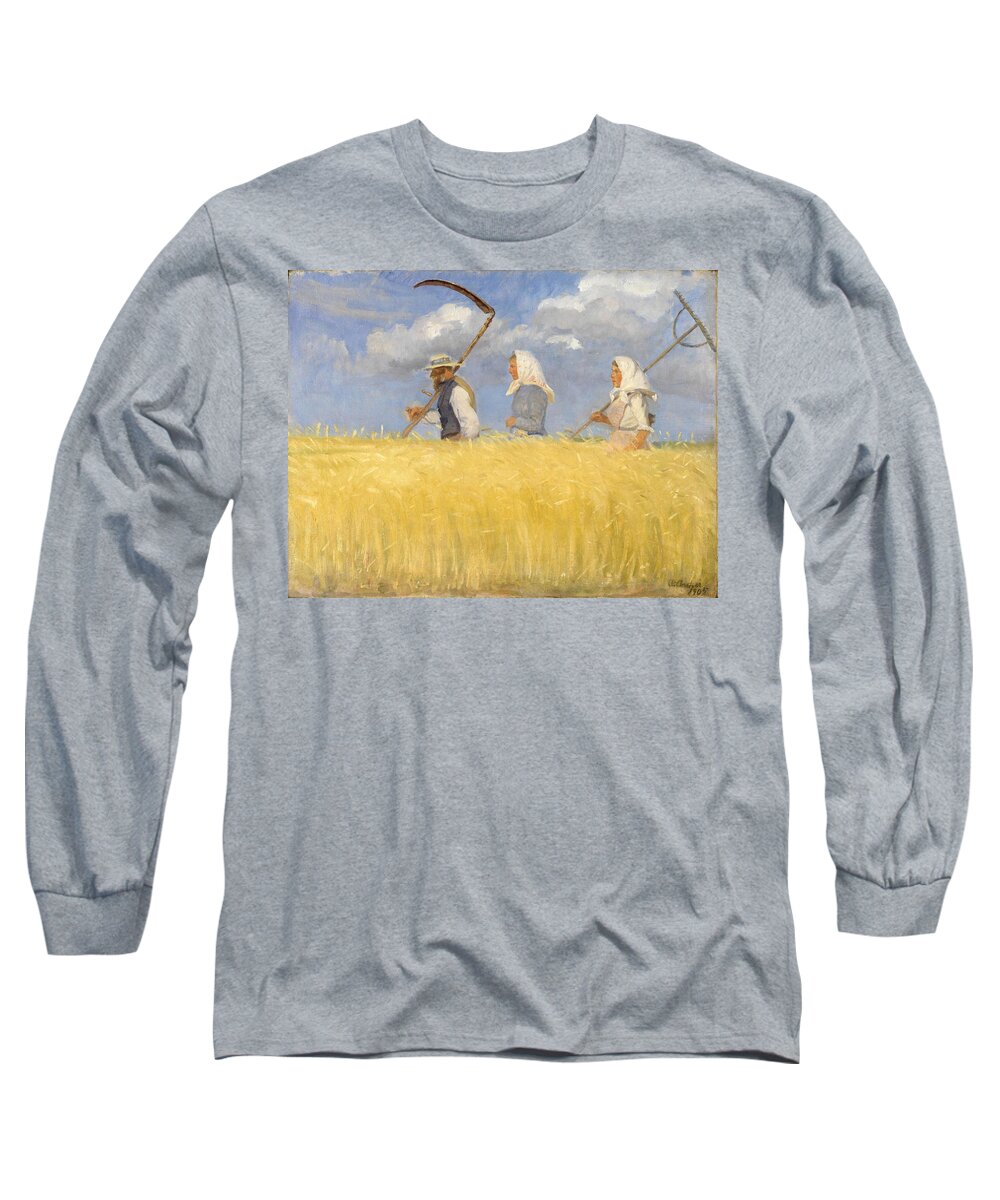  Long Sleeve T-Shirt featuring the drawing Harvesters #1 by Anna Ancher