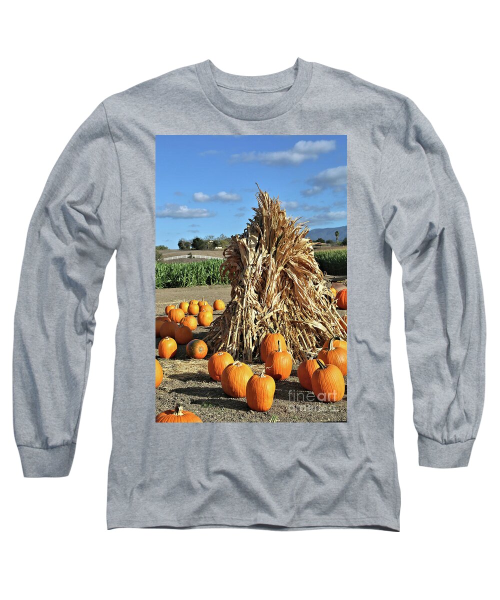 Hay Stack Long Sleeve T-Shirt featuring the photograph Hay Stack and Pumpkins by Vivian Krug Cotton