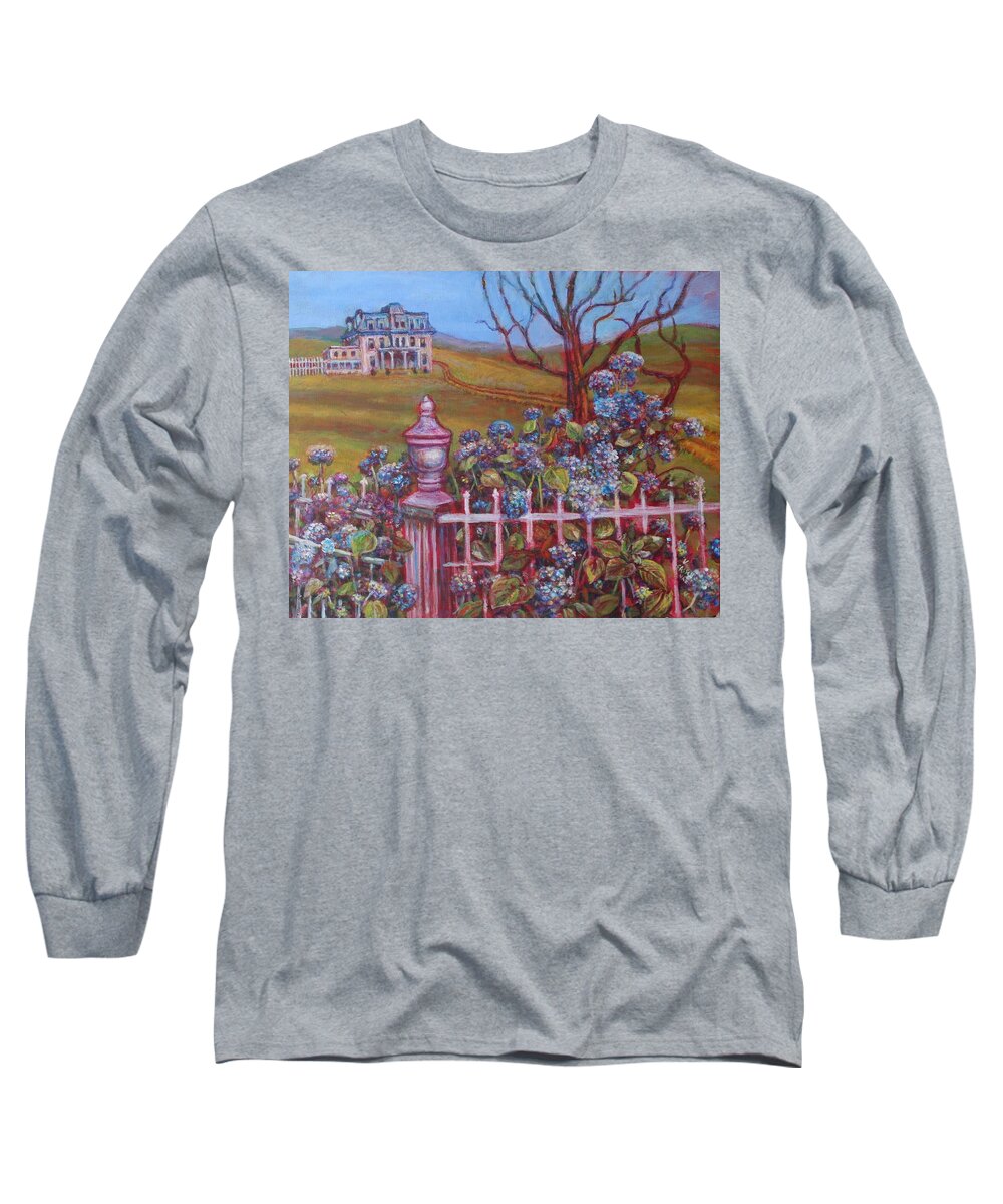 Antique White House Expansive Lawn Hydrangea Bush Long Sleeve T-Shirt featuring the painting Hydrangeas by Veronica Cassell vaz