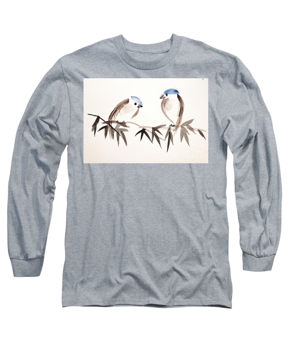Chinese Brush Painting. Birds Long Sleeve T-Shirt featuring the painting I Bow to the Divine in You by Margaret Welsh Willowsilk