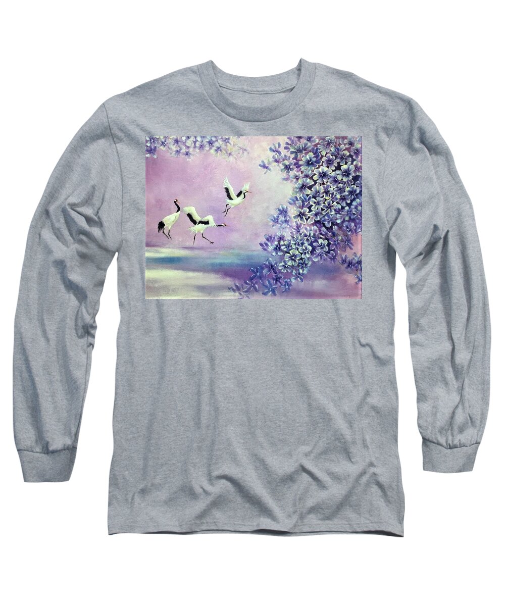 Cranes Long Sleeve T-Shirt featuring the painting Joyful Dance by Vina Yang