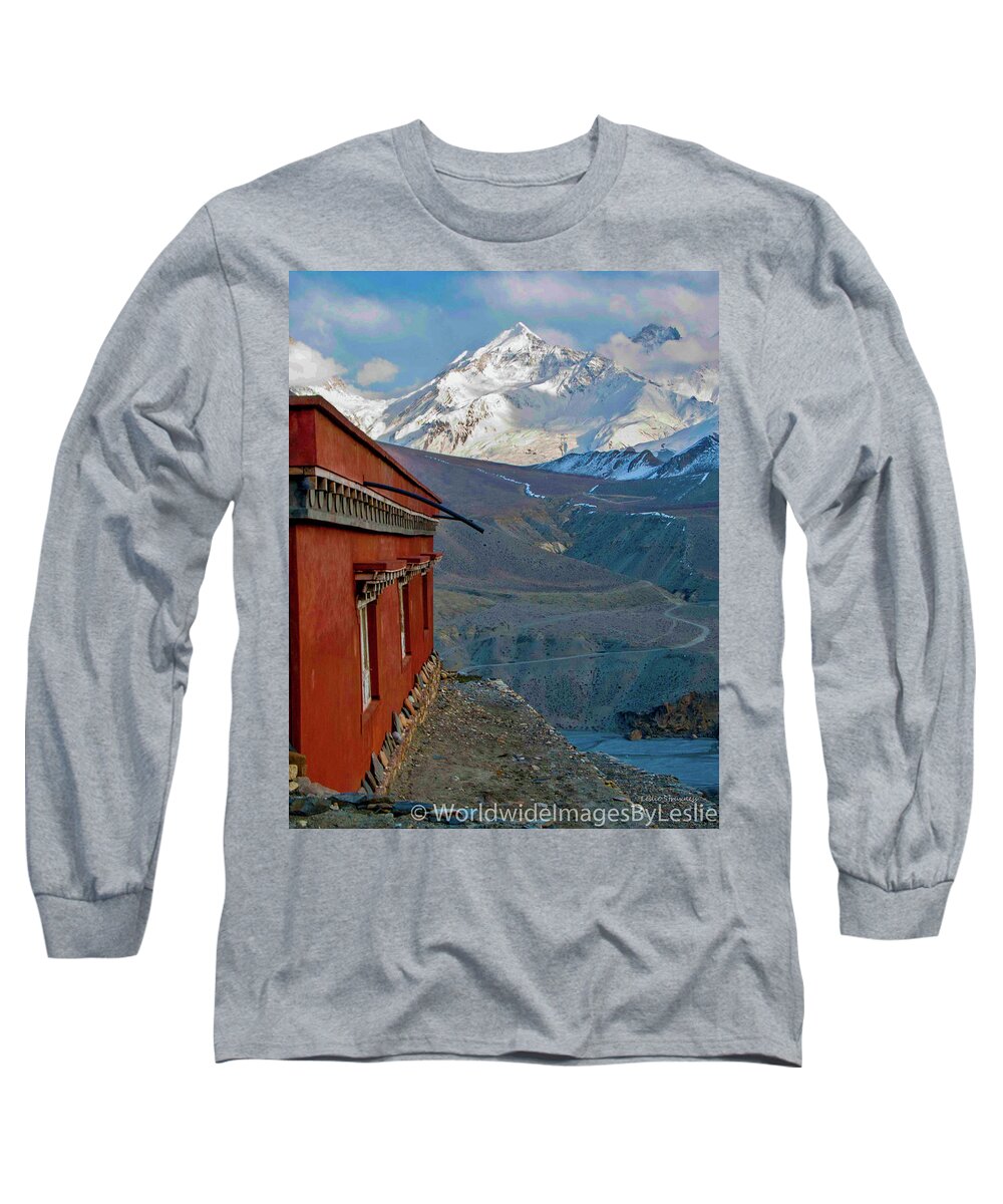 Himalayas Long Sleeve T-Shirt featuring the photograph In the Shadow of the Greater Himalayas by Leslie Struxness