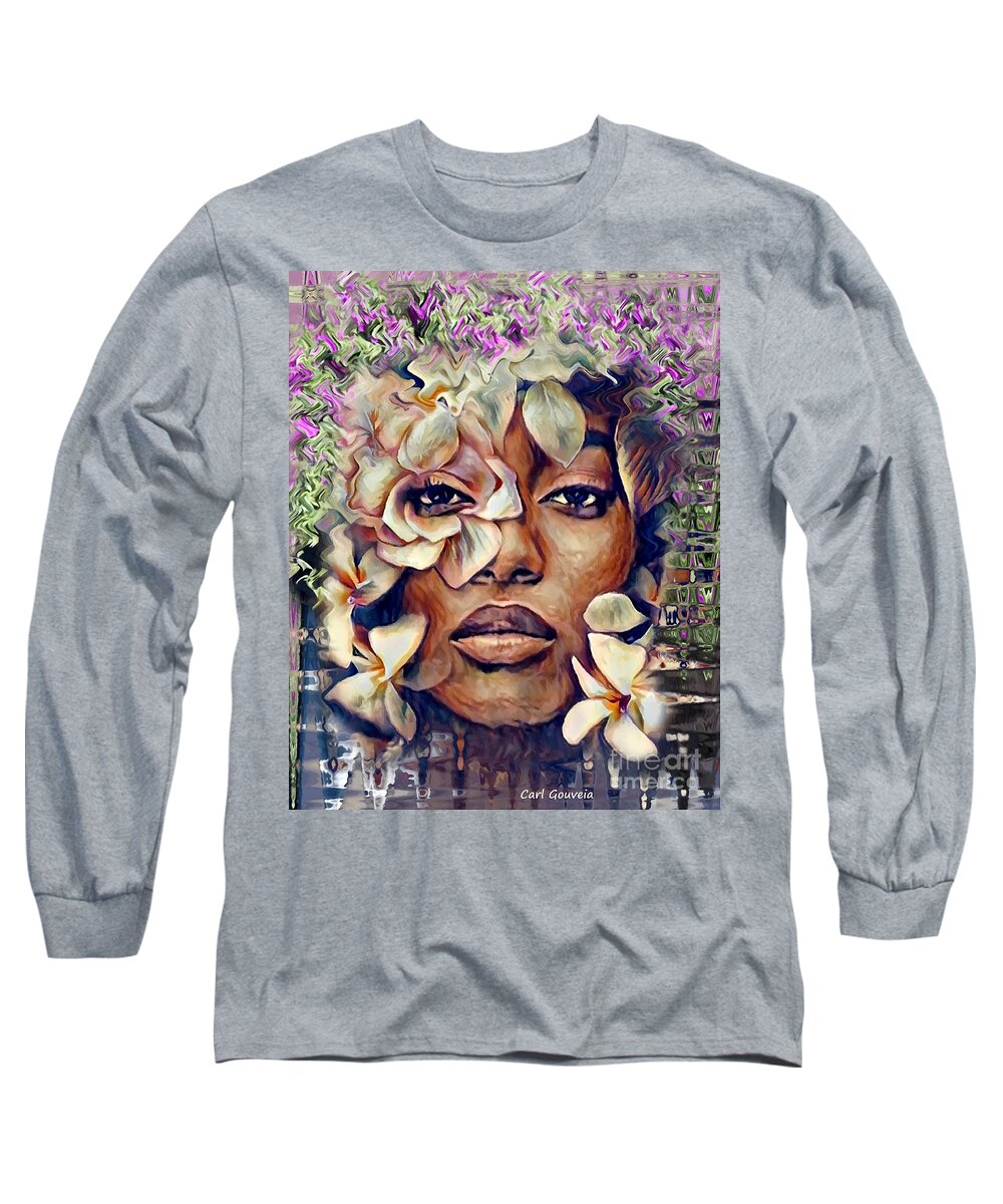 Lady Long Sleeve T-Shirt featuring the mixed media Lady purple by Carl Gouveia