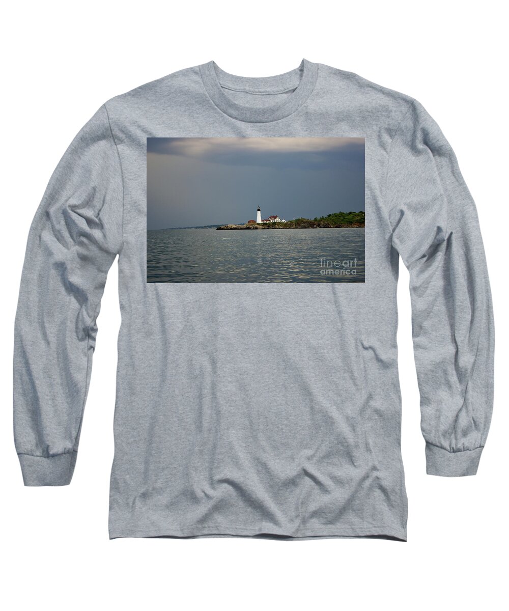 Portland Headlight Long Sleeve T-Shirt featuring the pyrography Lighthouse before the storm by Annamaria Frost