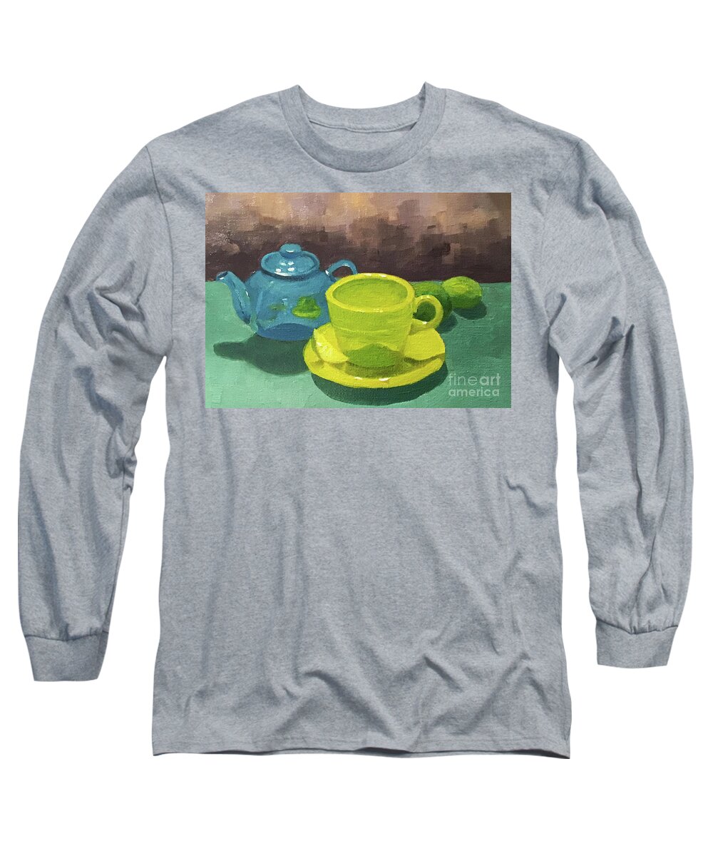 Teapot Long Sleeve T-Shirt featuring the painting Lil' Blue Teapot by Anne Marie Brown