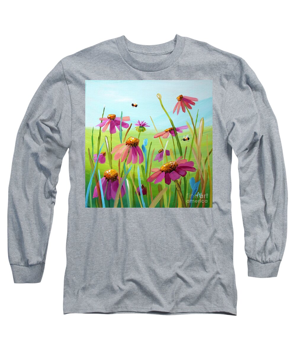 Pink Daisies Long Sleeve T-Shirt featuring the painting Little Ballerinas - Cone Flowers painting by Annie Troe