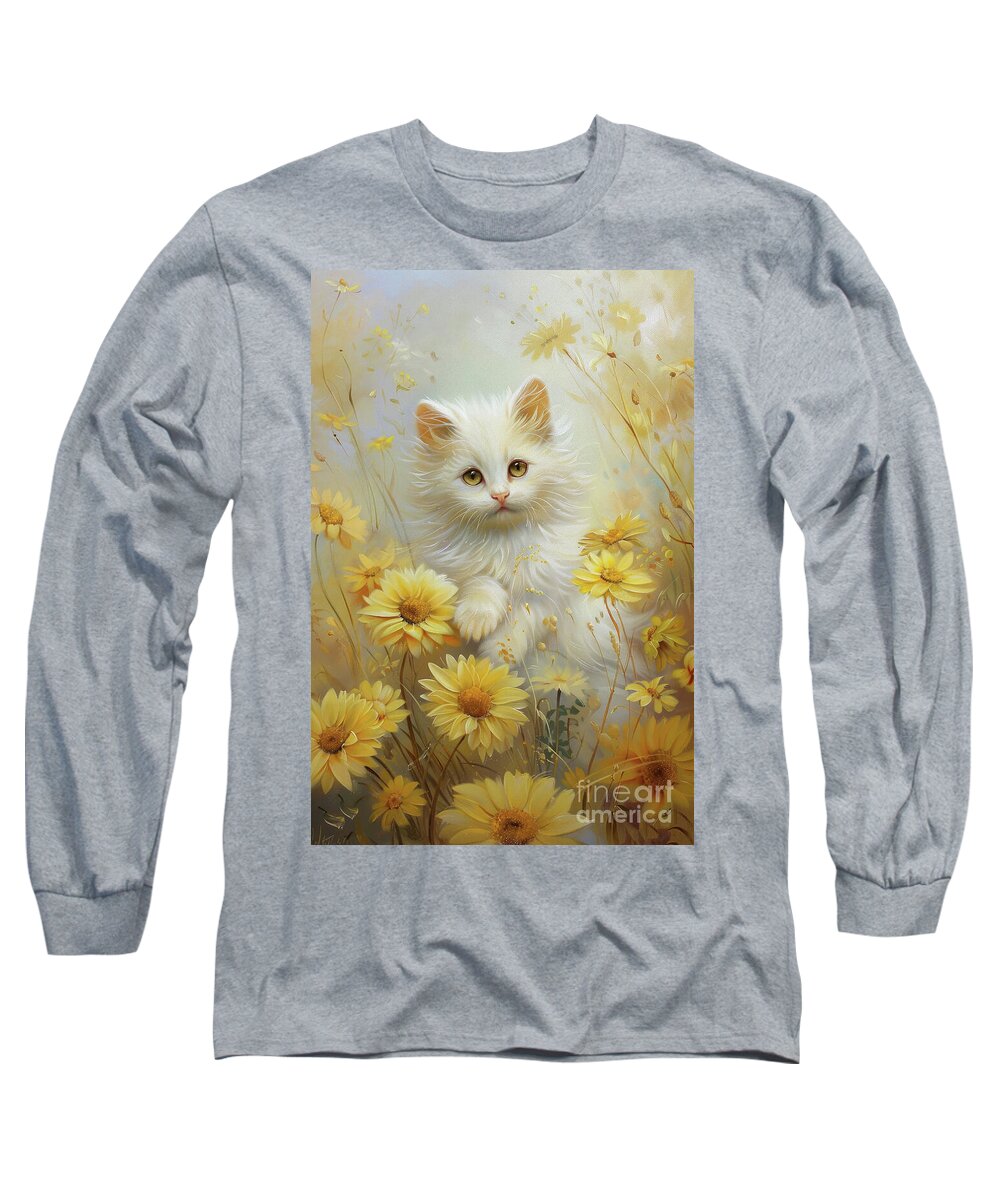 Cat Long Sleeve T-Shirt featuring the painting Little Kitten In The Daisies by Tina LeCour