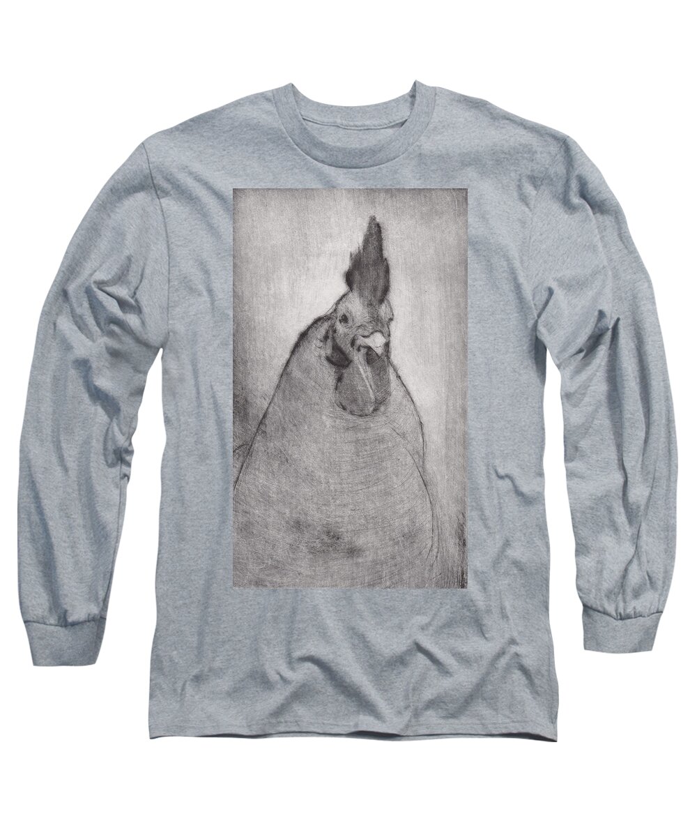 Rooster Long Sleeve T-Shirt featuring the drawing Lord Ribblesday - etching by David Ladmore