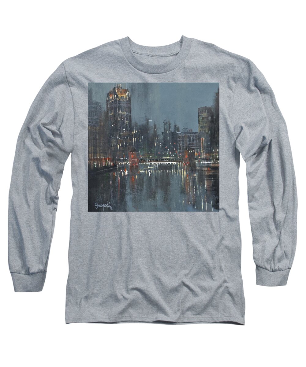 Milwaukee Long Sleeve T-Shirt featuring the painting Milwaukee Riverwalk by Tom Shropshire
