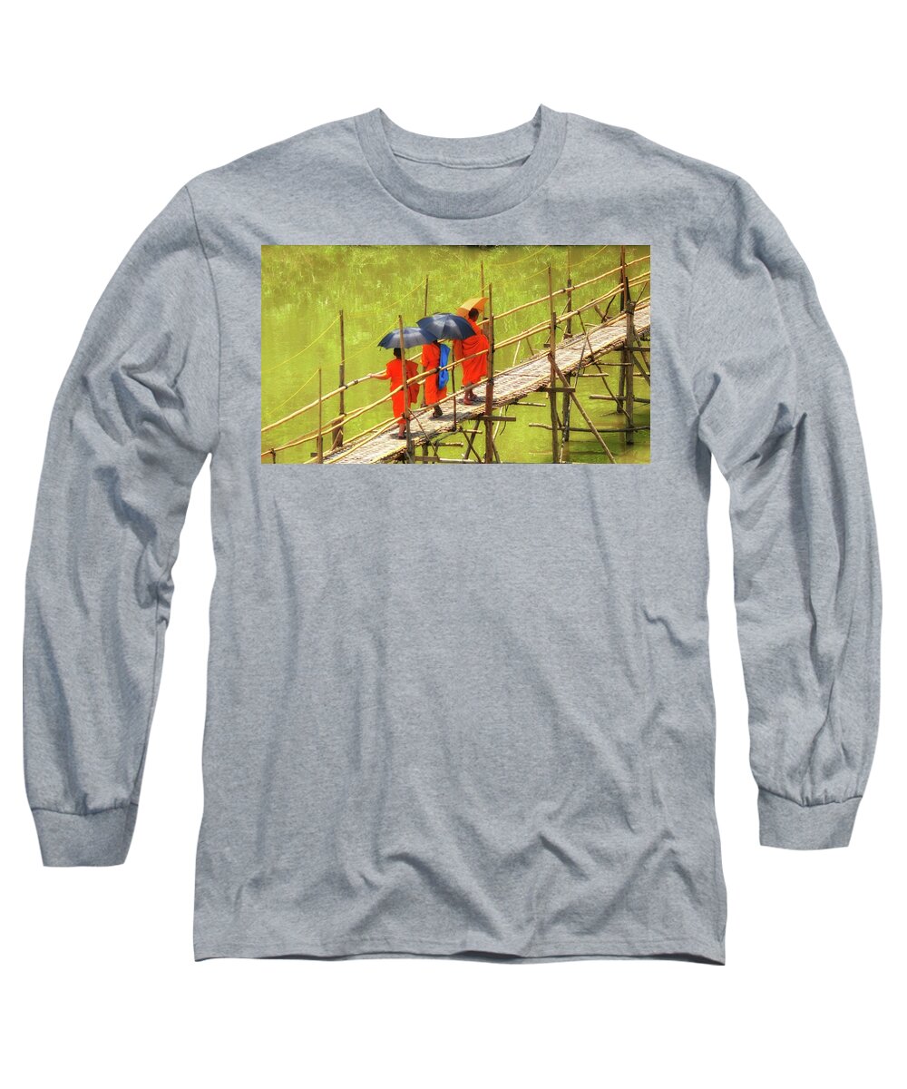 Luang Prabang Long Sleeve T-Shirt featuring the photograph Monks on the bridge by Robert Bociaga