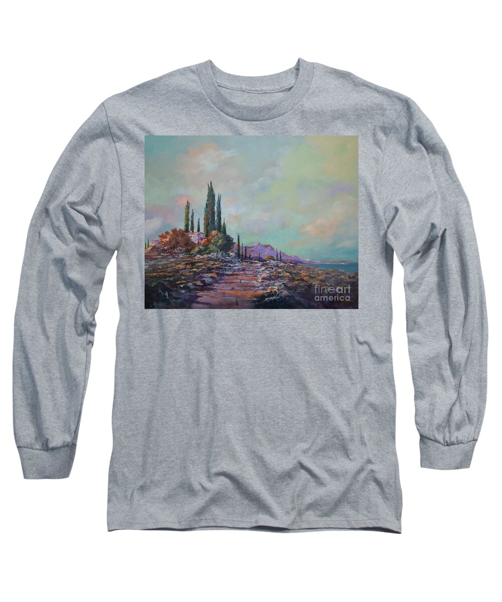 Seascape Long Sleeve T-Shirt featuring the painting Morning Mist by Sinisa Saratlic