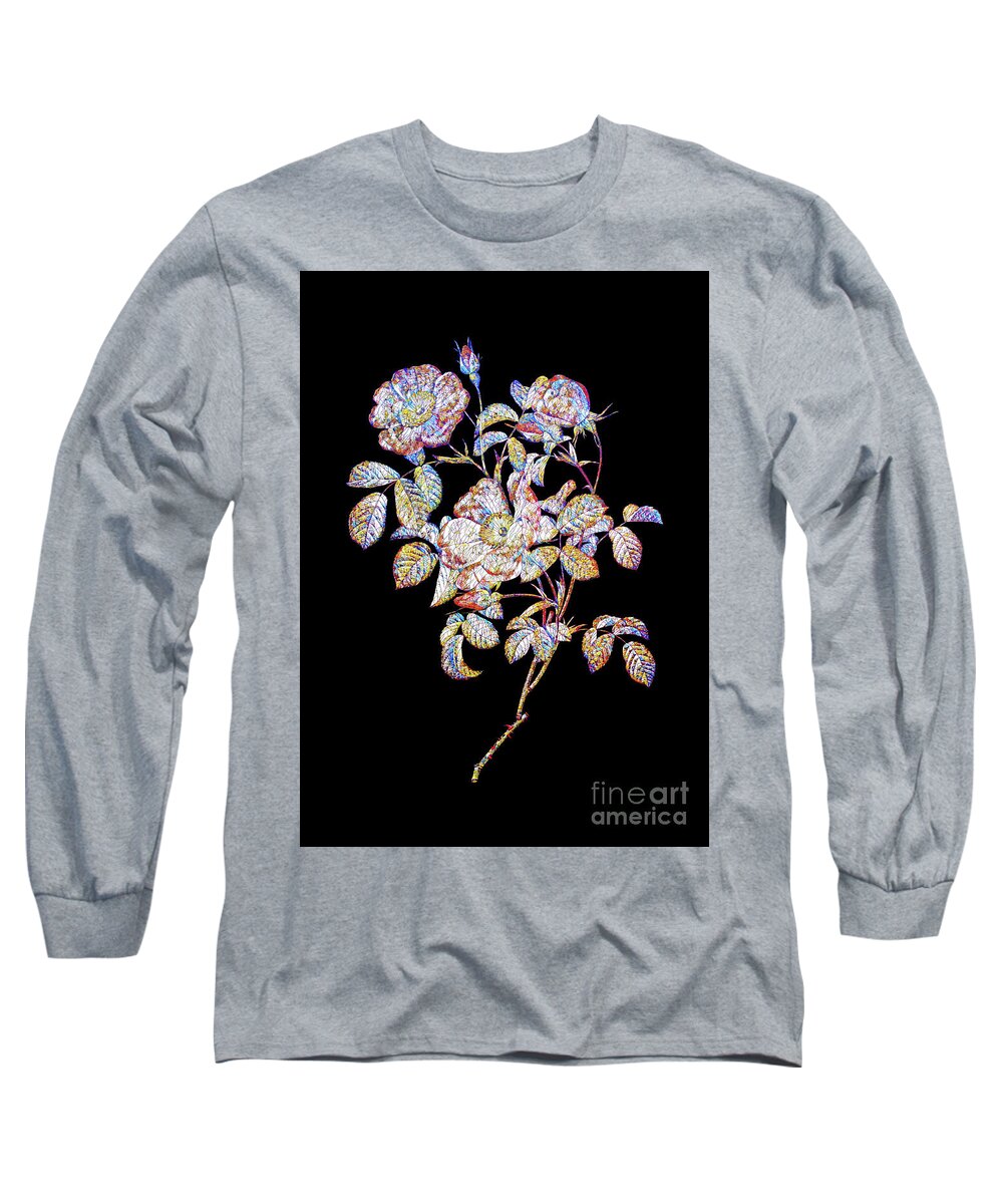 Holyrockarts Long Sleeve T-Shirt featuring the mixed media Mosaic Rose Of Love Bloom Botanical Art On Black by Holy Rock Design