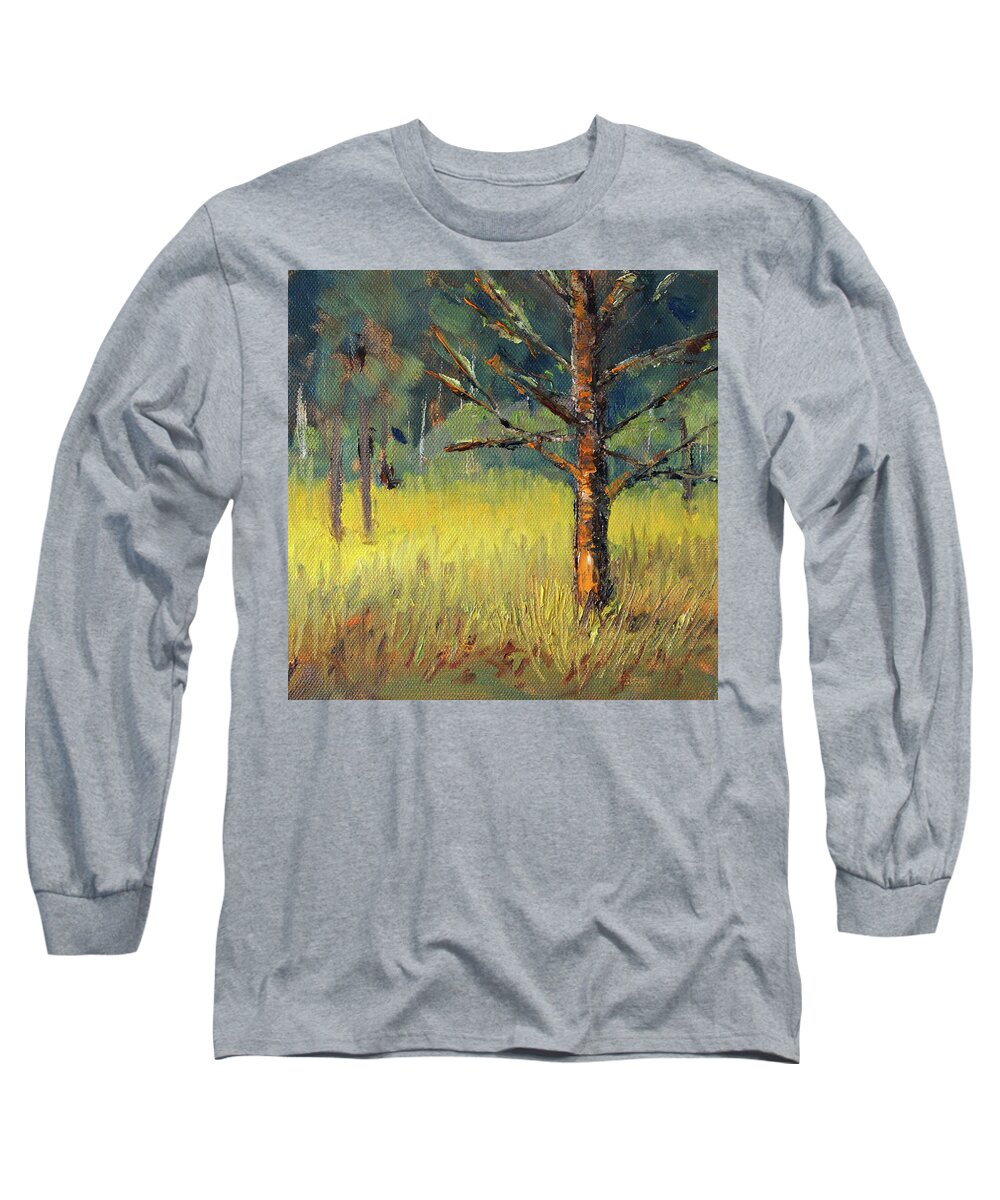Mossy Pine Long Sleeve T-Shirt featuring the painting Mossy Pine by Nancy Merkle
