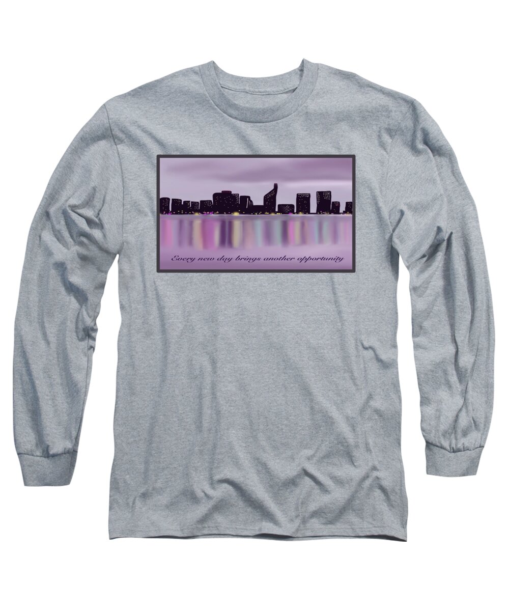 Text Long Sleeve T-Shirt featuring the painting Perth, Australia City Skyline Motivational Message by Barefoot Bodeez Art