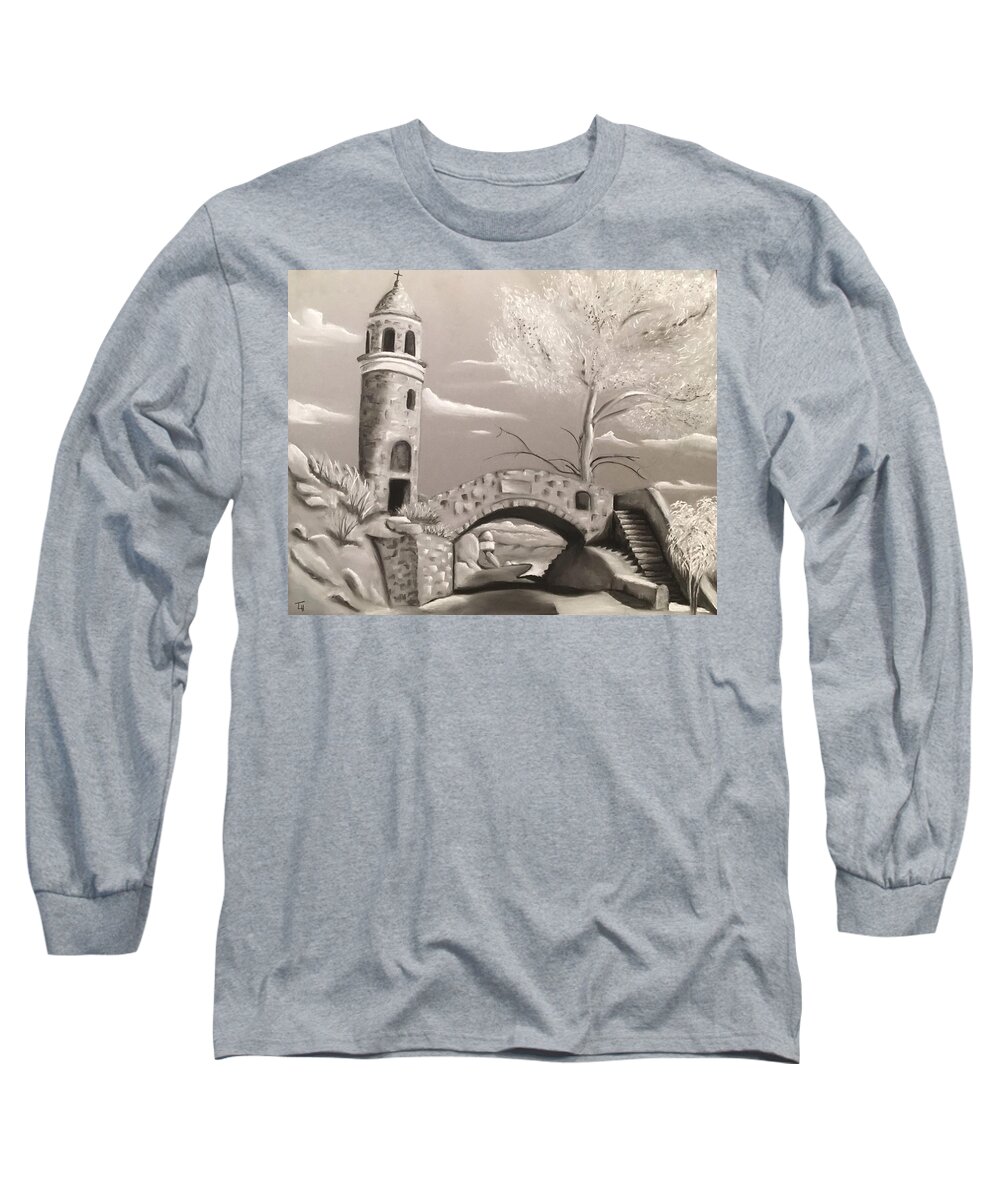 Mt. Rubidoux Long Sleeve T-Shirt featuring the drawing Mt. Rubidoux Peace Tower by Tracy Hutchinson