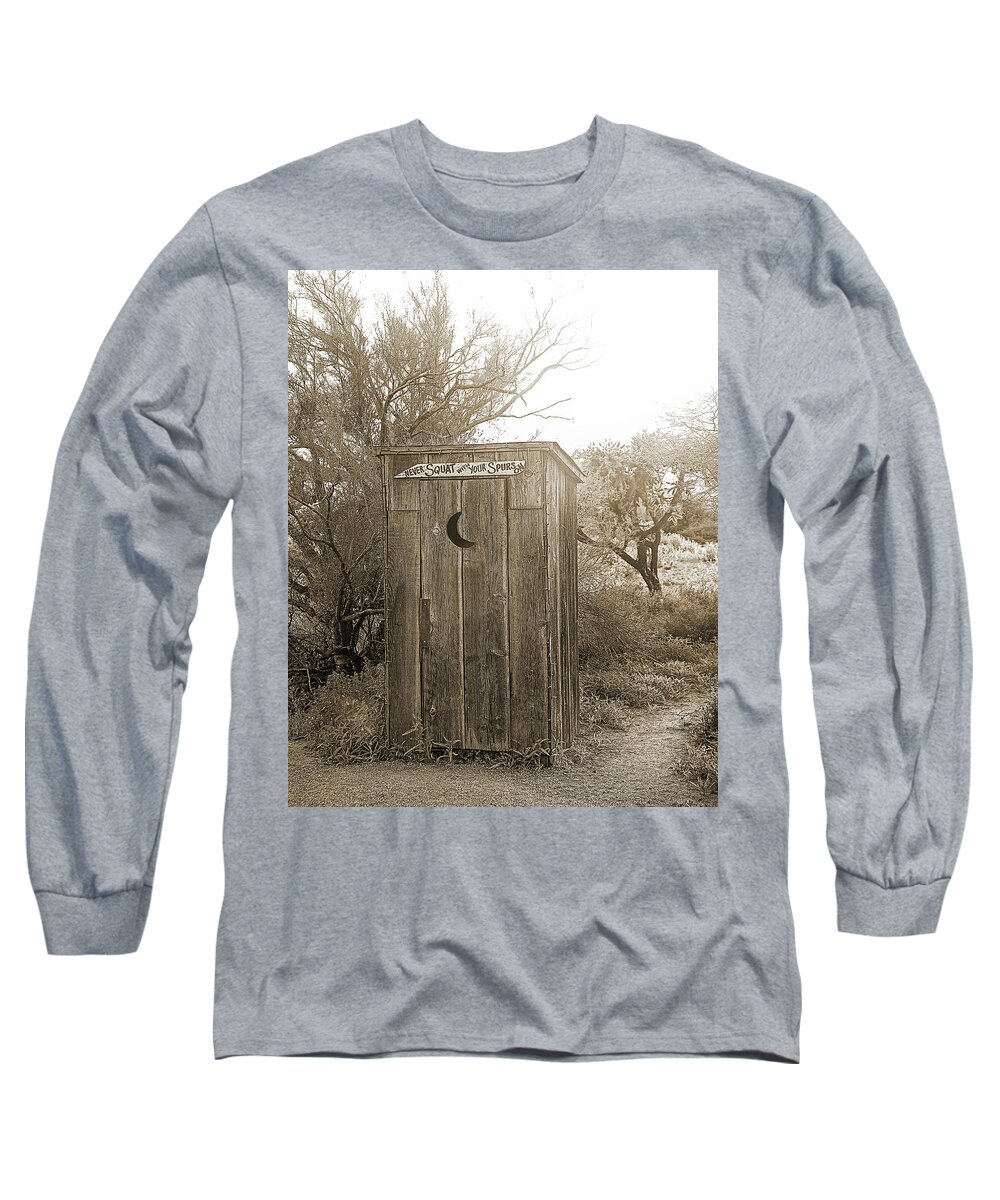 Outhouse Long Sleeve T-Shirt featuring the photograph Never Squat With Your Spurs On, Sepia by Don Schimmel