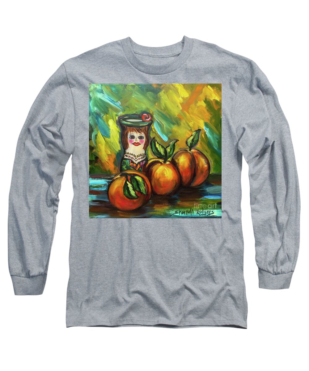 Original Oil Painting Long Sleeve T-Shirt featuring the painting Opal With Peaches by Sherrell Rodgers