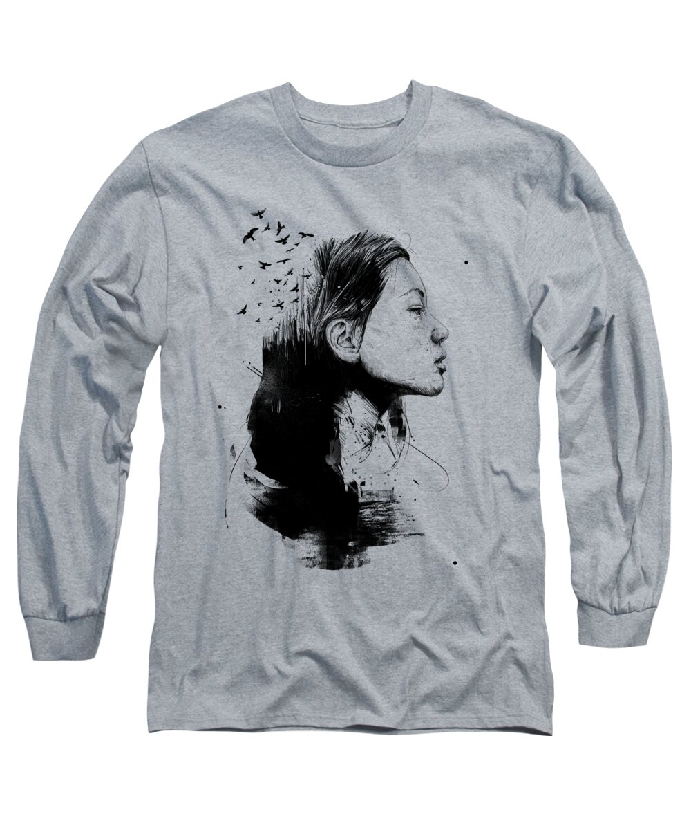 Girl Long Sleeve T-Shirt featuring the drawing Open your mind by Balazs Solti