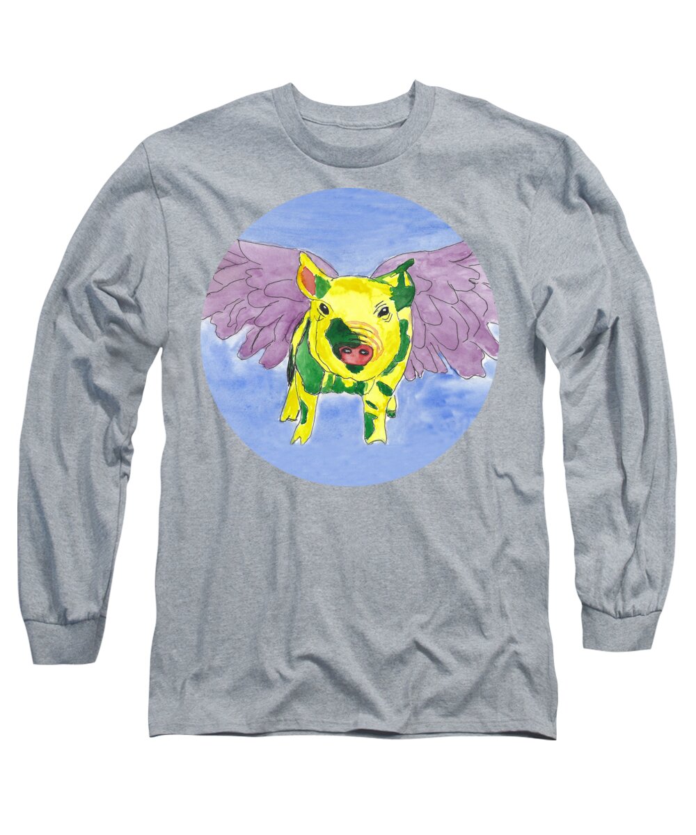 Pig Long Sleeve T-Shirt featuring the painting Ozzy the PIgasus by Ali Baucom
