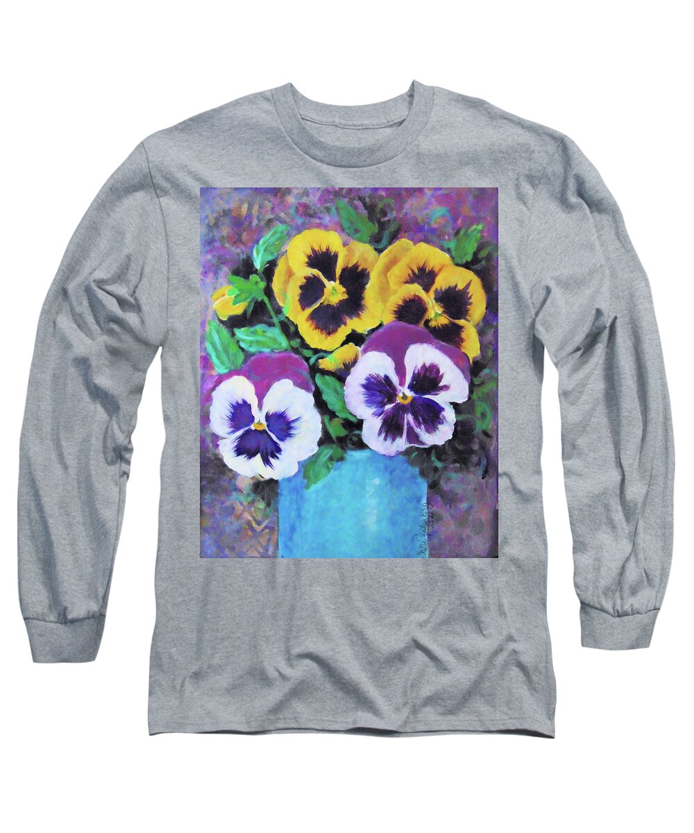 Pansies Long Sleeve T-Shirt featuring the painting Pansies in Turquoise Pot by Cheri Wollenberg