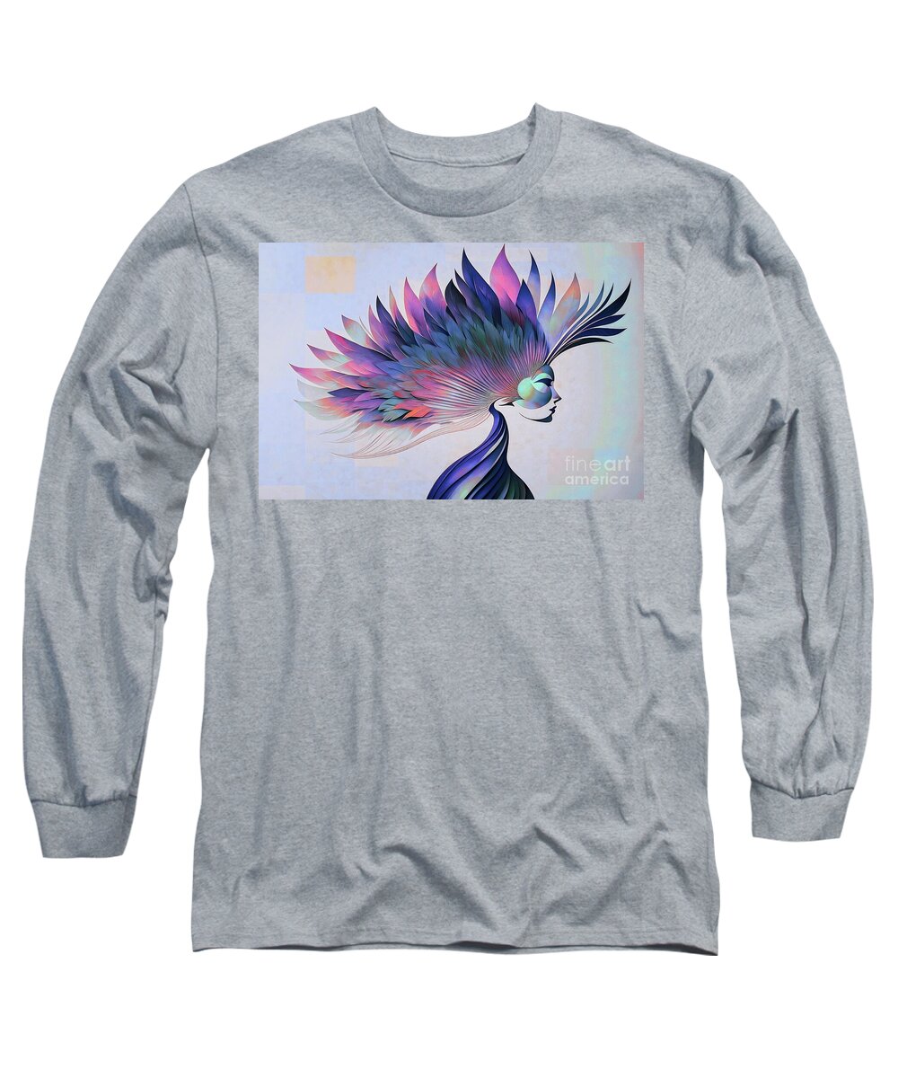Abstract Long Sleeve T-Shirt featuring the digital art Peacock Woman Abstract Portrait - 00806 by Philip Preston