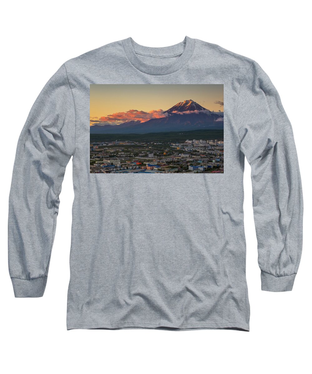 Kamchatka Long Sleeve T-Shirt featuring the photograph Petropavlovsk-Kamchatsky city at sunset by Mikhail Kokhanchikov