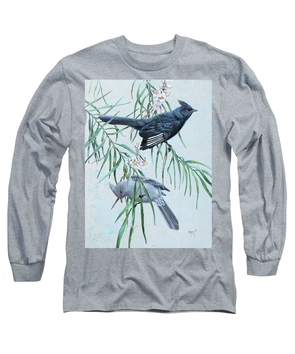 Phainopepla Long Sleeve T-Shirt featuring the painting Phainopeplas in Desert Willow by Barry Kent MacKay