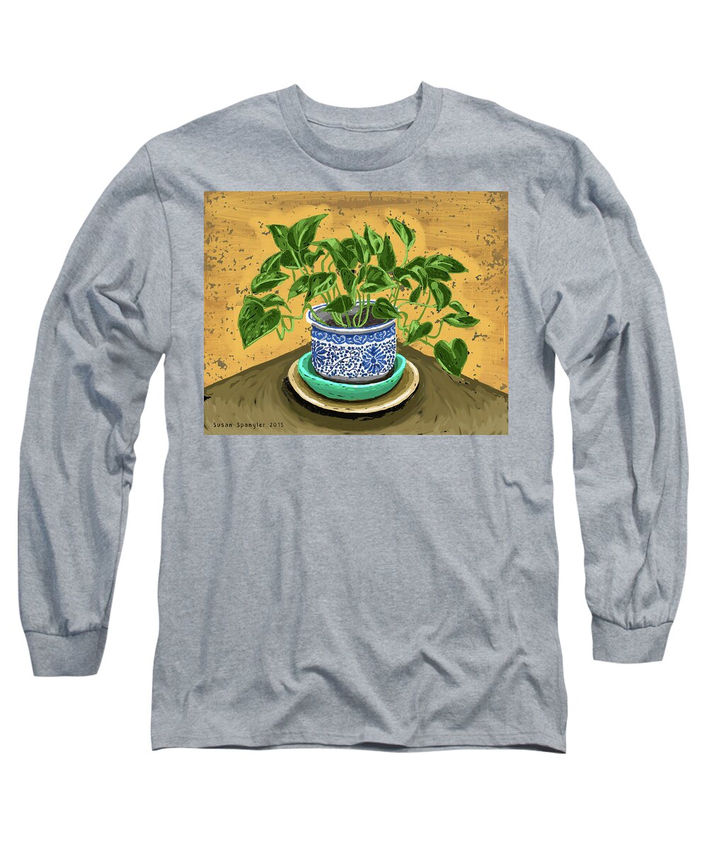  Long Sleeve T-Shirt featuring the painting Philodendron in blue and white pot by Susan Spangler