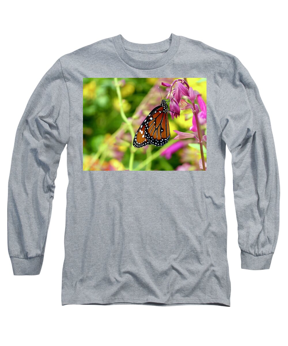 Monarch Butterfly Flower Pink Garden Green Long Sleeve T-Shirt featuring the photograph Pink flower butterfly by Nora Martinez